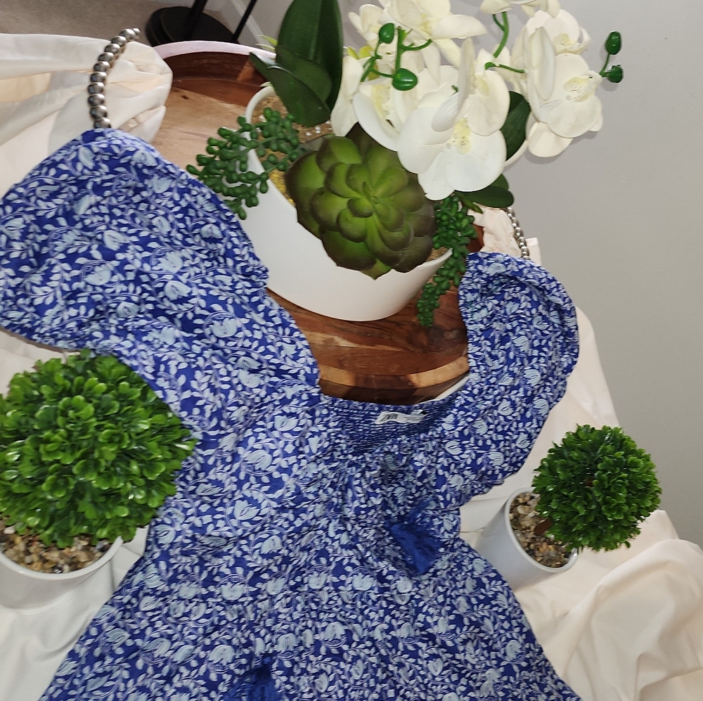 CUTE  Printed Dress Short Blue Balloon Sleeves - Picture 4 of 8